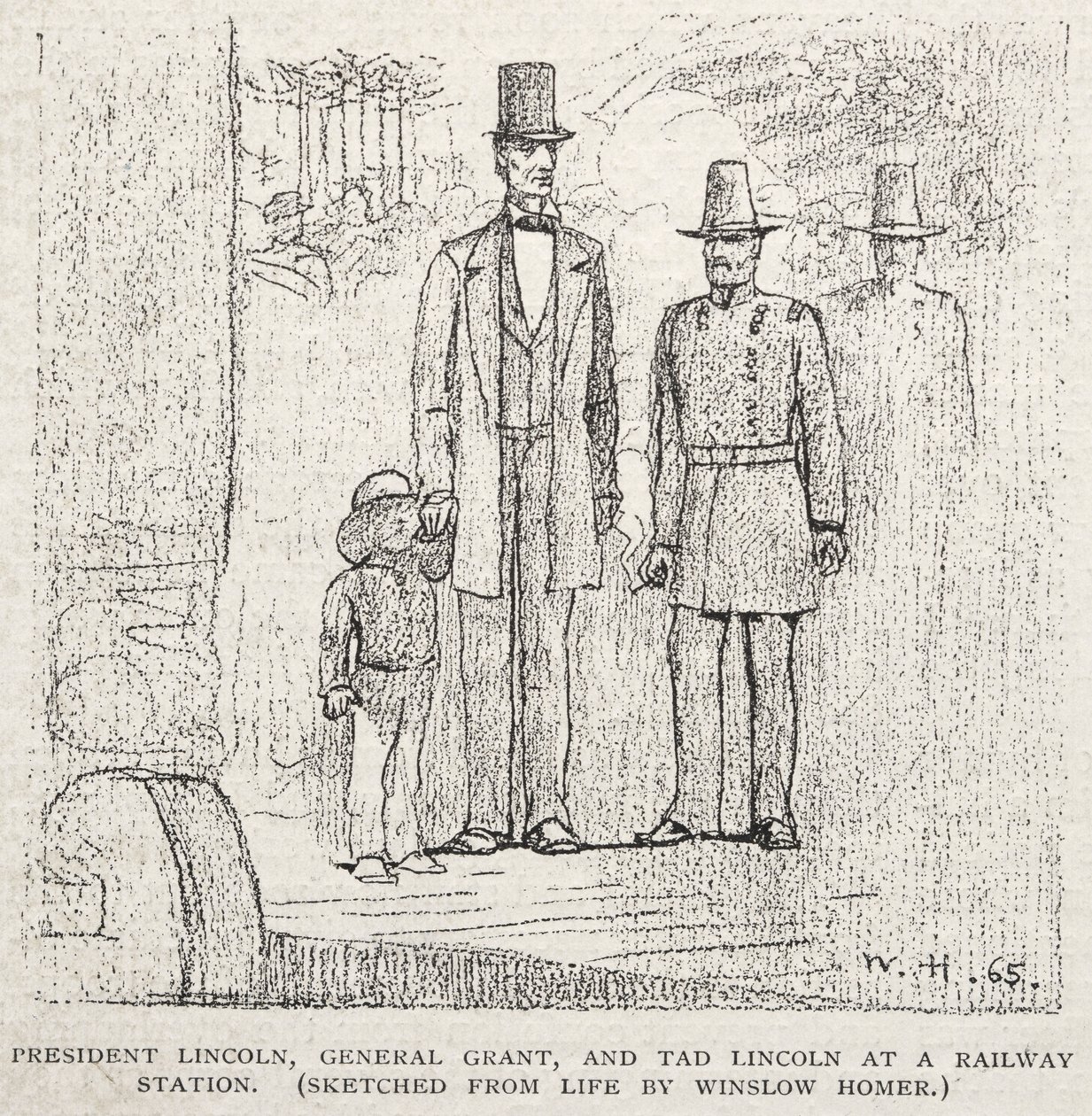 El presidente Lincoln, el general Grant y Tad Lincoln en una estación de tren, 1887 de Winslow Homer
