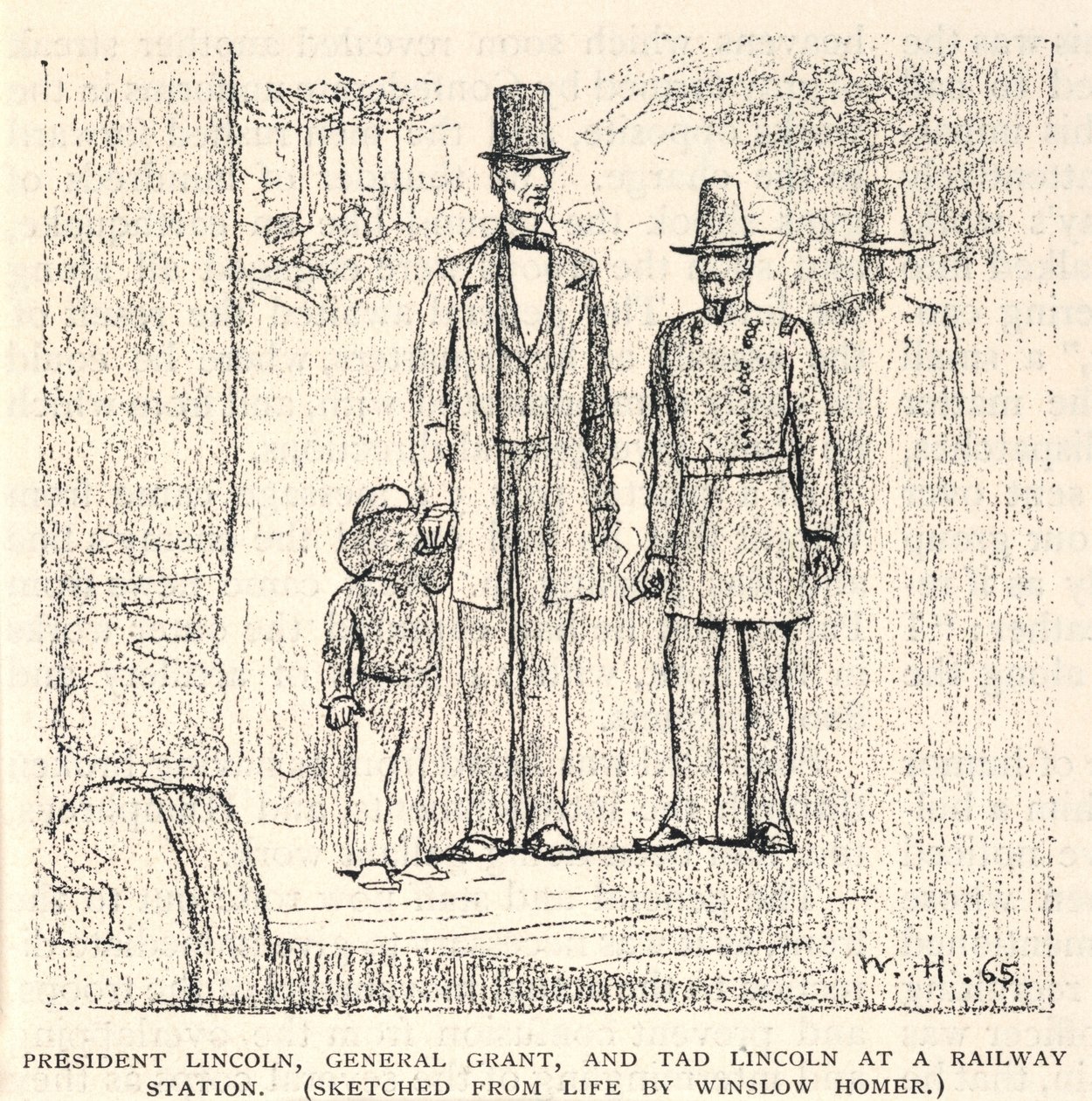El presidente Lincoln, el general Grant y Tad Lincoln en una estación de ferrocarril, de The Century Magazine, noviembre de 1887. de Winslow Homer