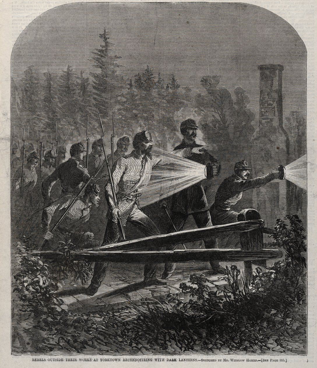 Los rebeldes, fuera de sus fortificaciones en Yorktown, realizan un reconocimiento con linternas apagadas de Winslow Homer