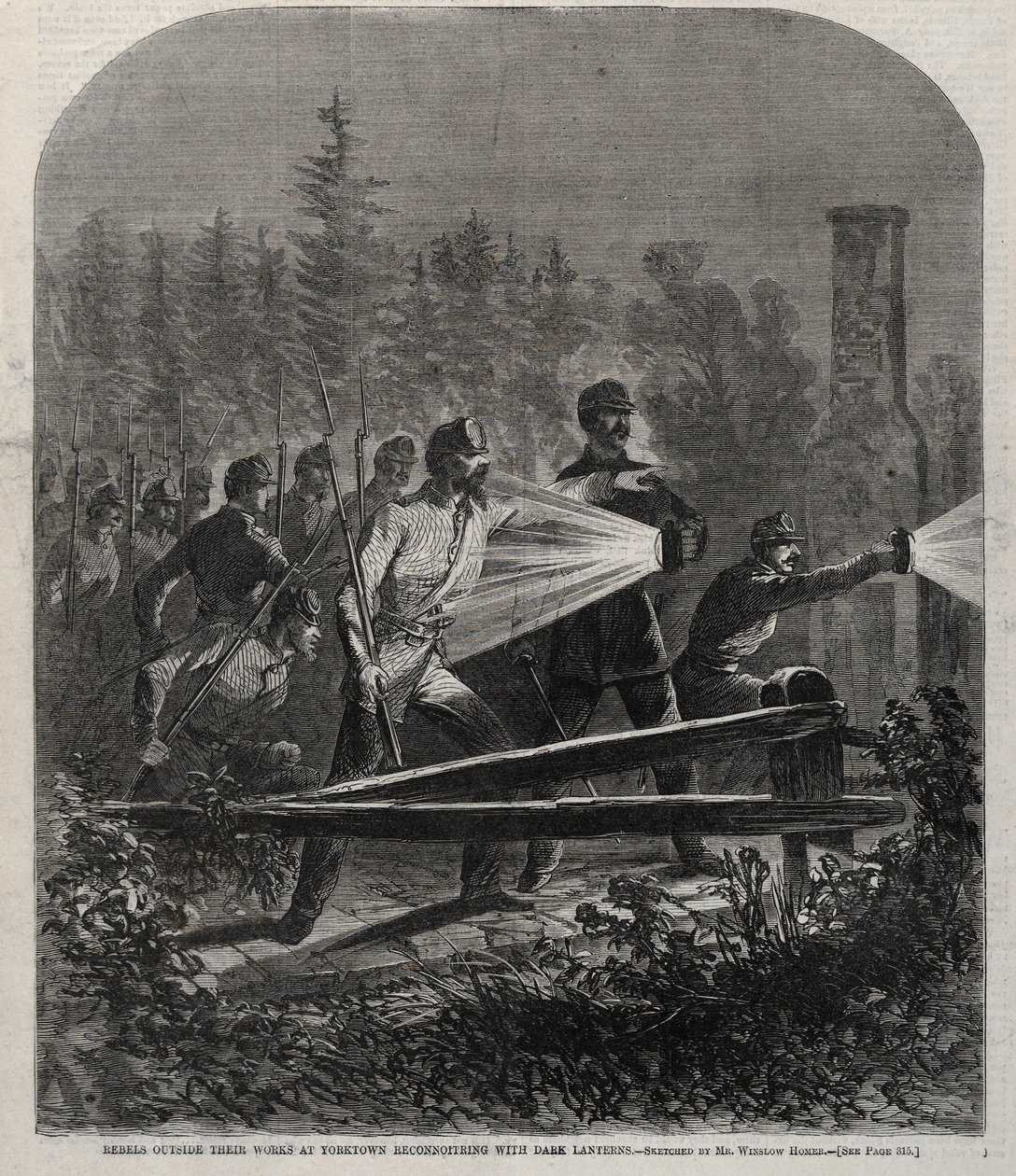 Rebeldes fuera de sus obras en Yorktown, reconociendo con linternas oscuras, 1862 de Winslow Homer