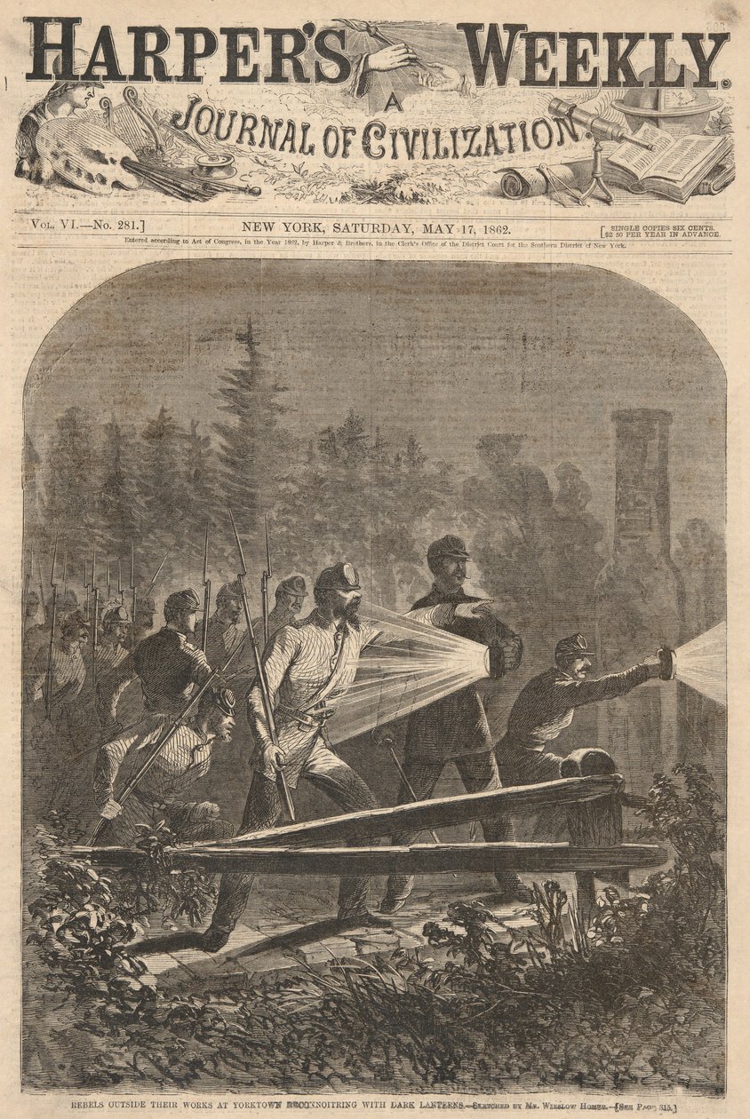 Rebeldes fuera de sus obras en Yorktown Reconocimiento con linternas oscuras, de Harper de Winslow Homer