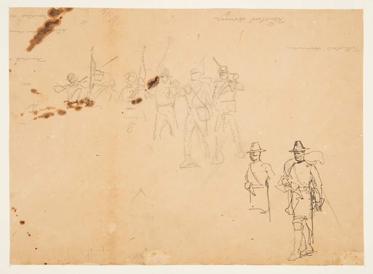 Bocetos de figuras de infantería individuales y firmas de práctica de Winslow Homer