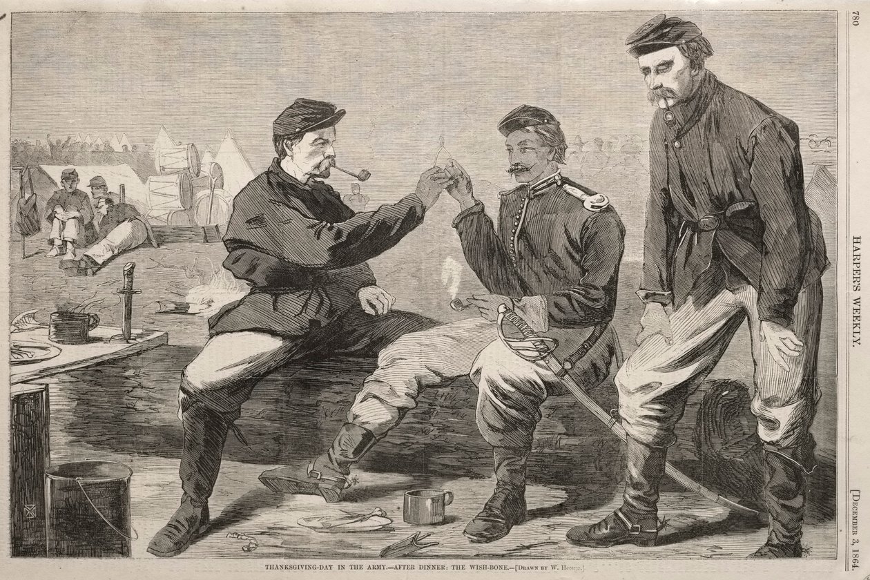 Día de Acción de Gracias en el Ejército - Después de la Cena: El hueso de los deseos, 1864 de Winslow Homer