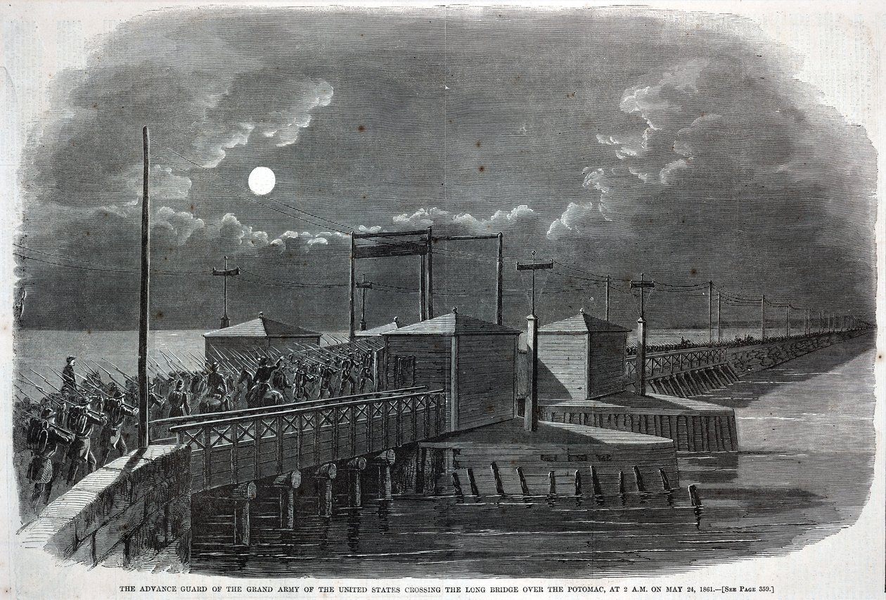 La Guardia de Avanzada del Gran Ejército de los Estados Unidos cruzando el Puente Largo sobre el Potomac a las 2 de la madrugada del 24 de mayo de 1861, de Harper