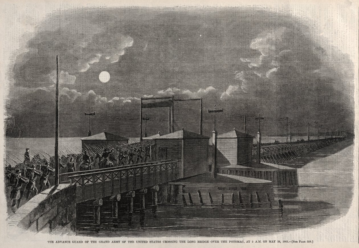 La vanguardia del Gran Ejército de los Estados Unidos cruzando el Puente Largo sobre el Potomac, a las 2 de la madrugada del 24 de mayo de 1861 de Winslow Homer