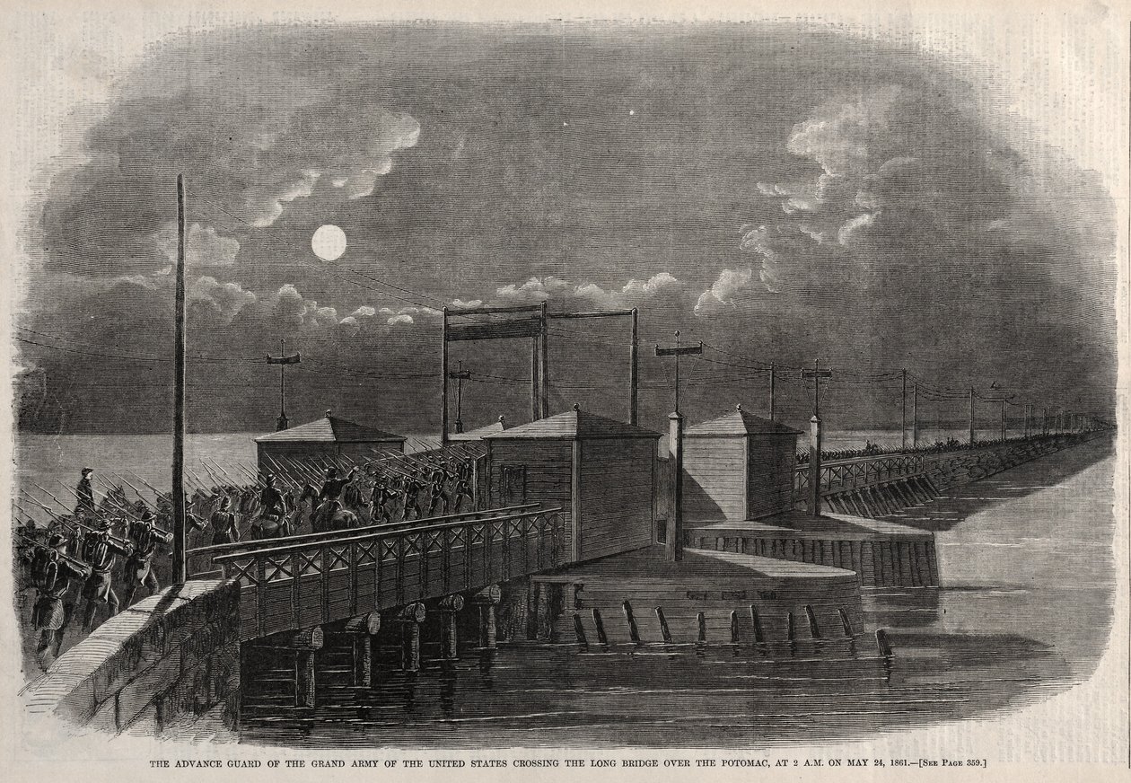 La Guardia Avanzada del Gran Ejército de los Estados Unidos Cruzando el Puente Largo, 1861 de Winslow Homer