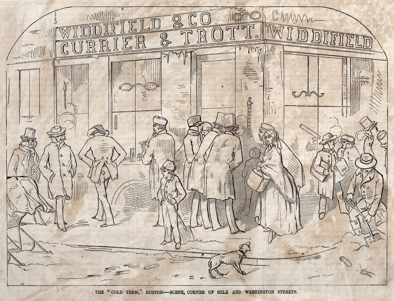 The "Cold Term", Boston - Escena, esquina de las calles Milk y Washington de Winslow Homer