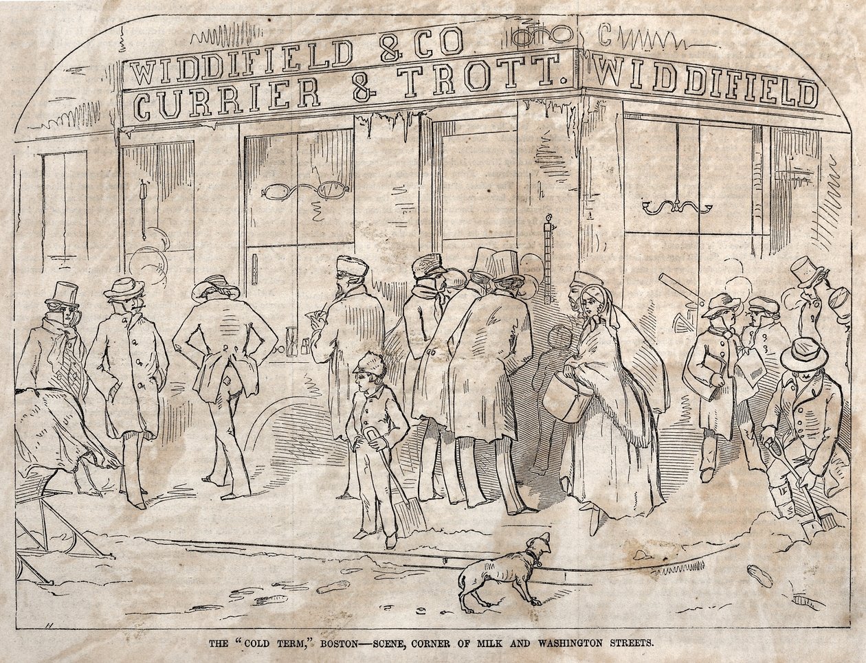 El término frío, Boston - Escena, esquina de Milk y Washington Streets, 1858 de Winslow Homer