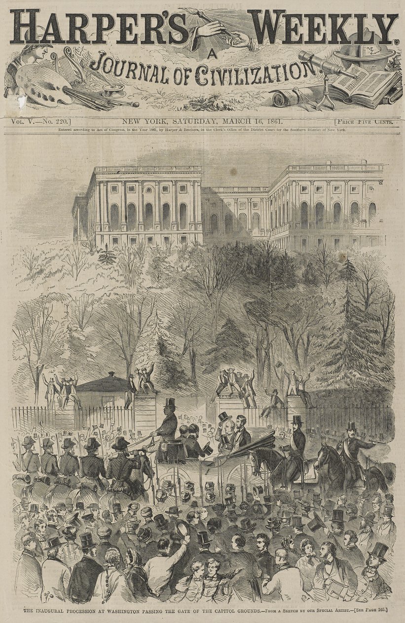 La Procesión Inaugural en Washington Pasando la Puerta de los Terrenos del Capitolio (De un Boceto de nuestro Artista Especial), 1861 de Winslow Homer