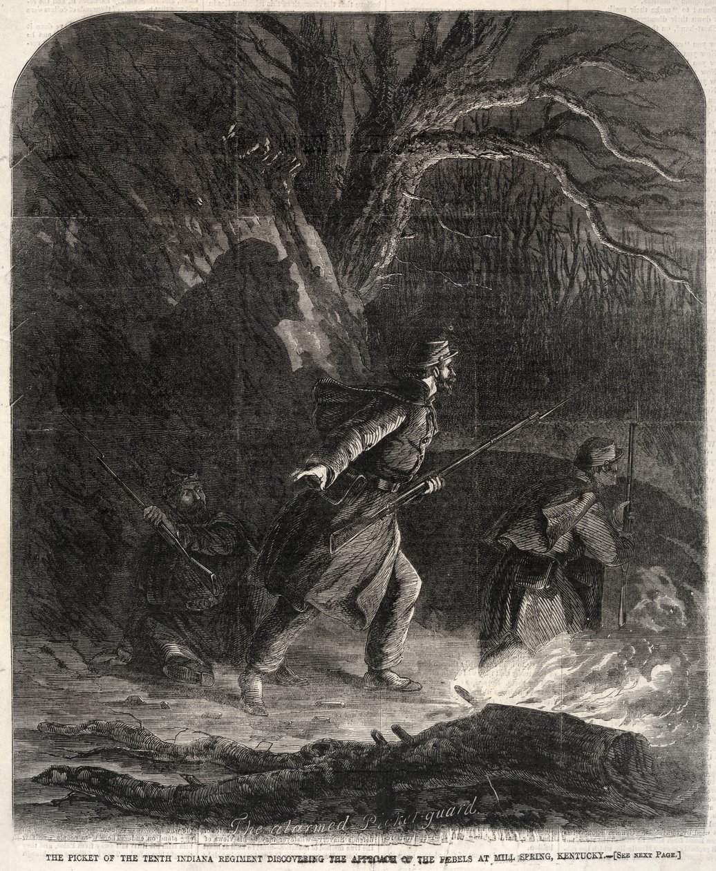 La guardia de avanzada del Décimo Regimiento de Indiana descubre la llegada de los rebeldes a Mill Spring, Kentucky de Winslow Homer
