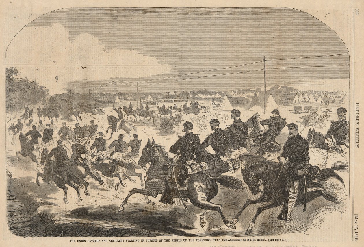 La caballería y la artillería de la Unión comenzando en persecución de los rebeldes por la autopista de peaje de Yorktown, de Harper de Winslow Homer