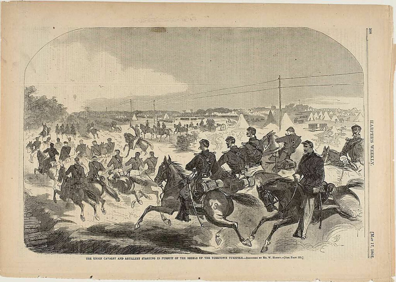 La Caballería y la Artillería de la Unión comienzan a perseguir a los Rebeldes por la carretera de Yorktown. de Winslow Homer