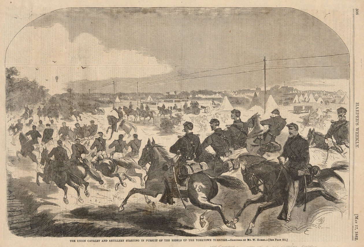 La caballería y la artillería de la Unión parten en persecución de los rebeldes por la Yorktown Turnpike, de Harper