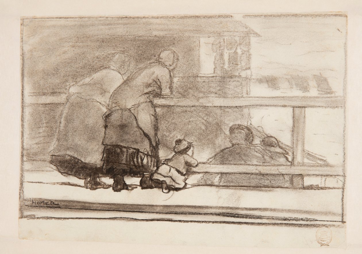Dos mujeres y un niño en una barandilla, mirando la playa en Tynemouth de Winslow Homer