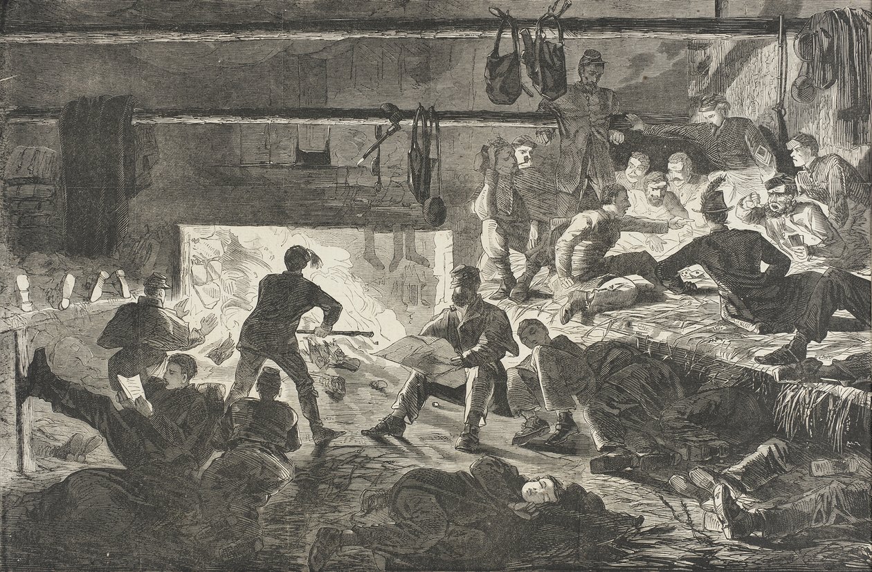 Cuarteles de invierno en el campamento - El interior de una cabaña de Winslow Homer