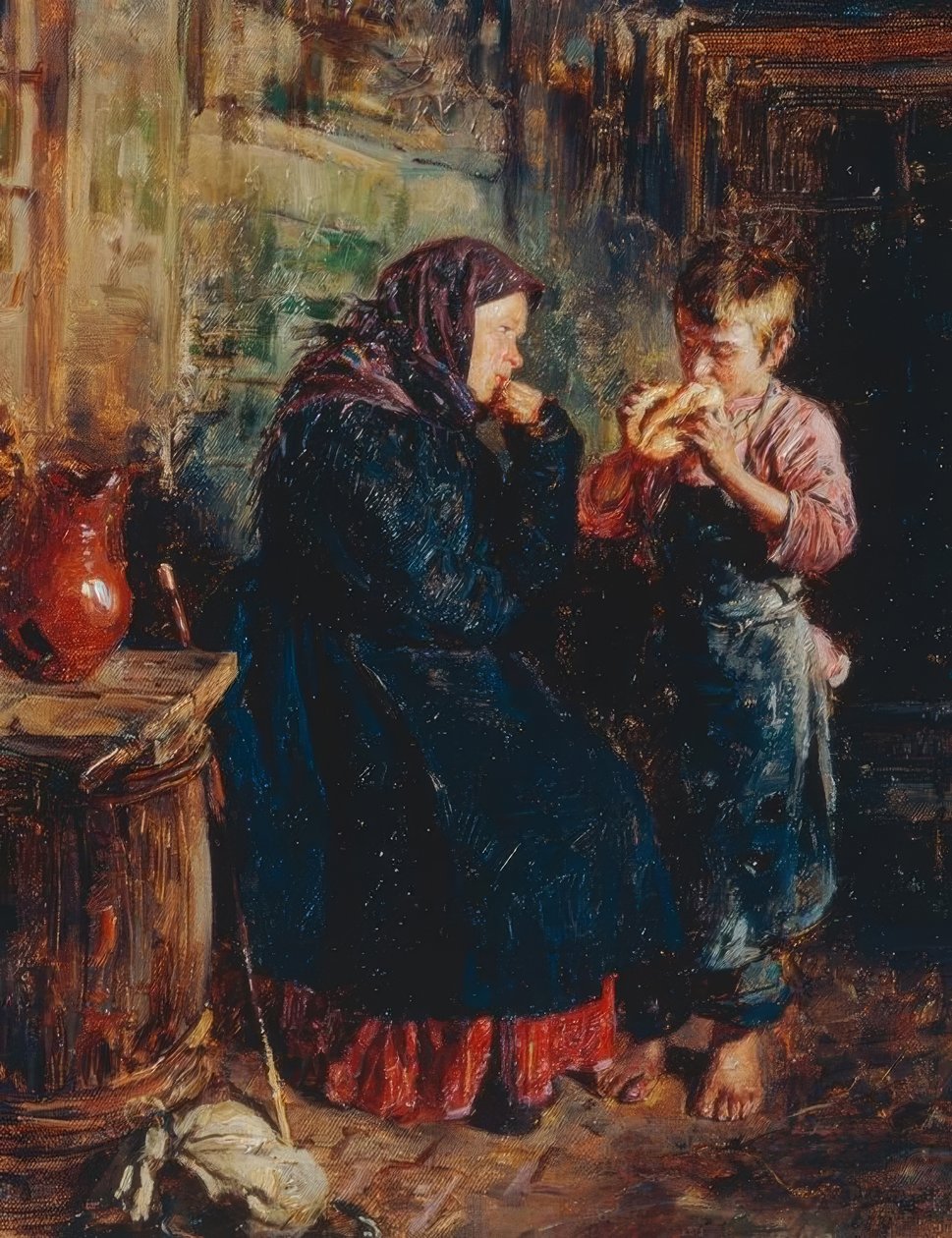 Anciana y niño con pan de Wladimir Jegorowitsch Makowski
