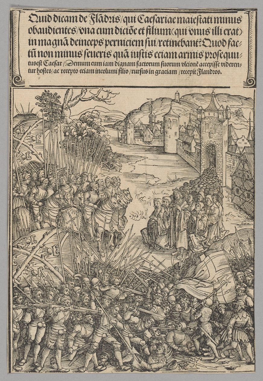 Rebelión de Flandes, lámina 7 de Escenas históricas de la vida del emperador Maximiliano I desde el arco del triunfo de Wolf Traut