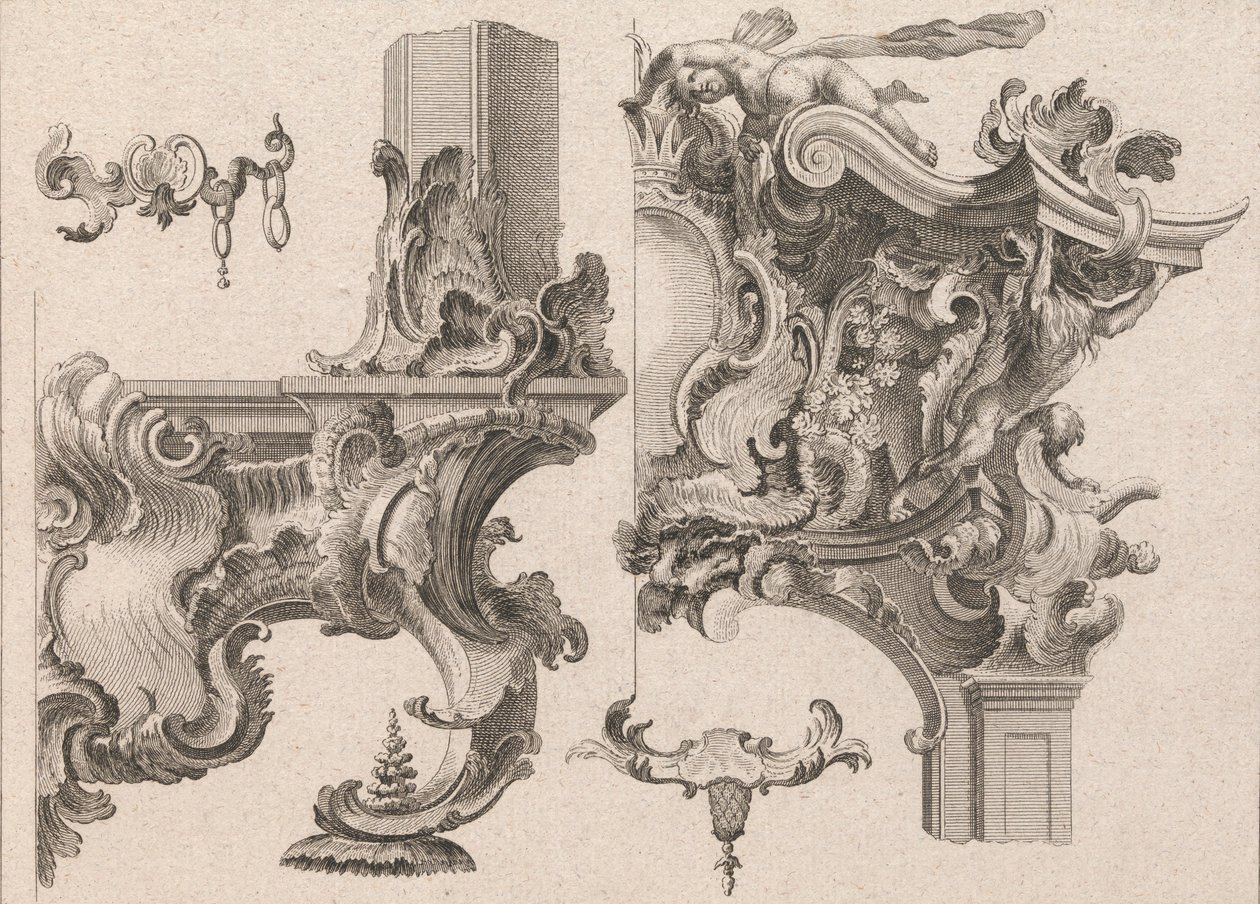Sugerencia para la decoración de la parte inferior derecha y superior derecha de un marco de altar, impreso ca. 1750-56 de Wolffgang Christoph Mayr
