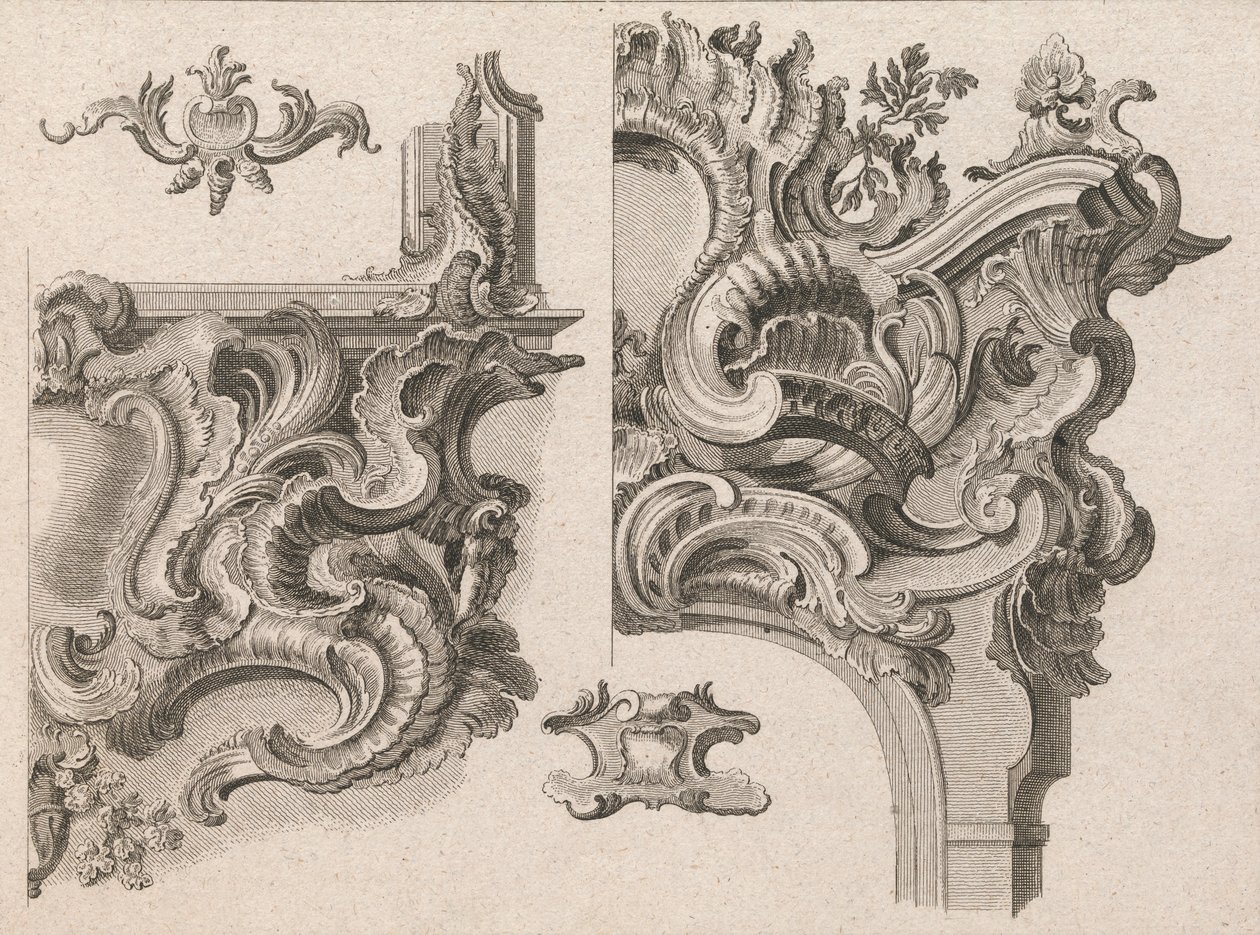 Sugerencia para la decoración de la parte inferior derecha y superior derecha de un marco de altar, Impreso ca. 1750-56 de Wolffgang Christoph Mayr