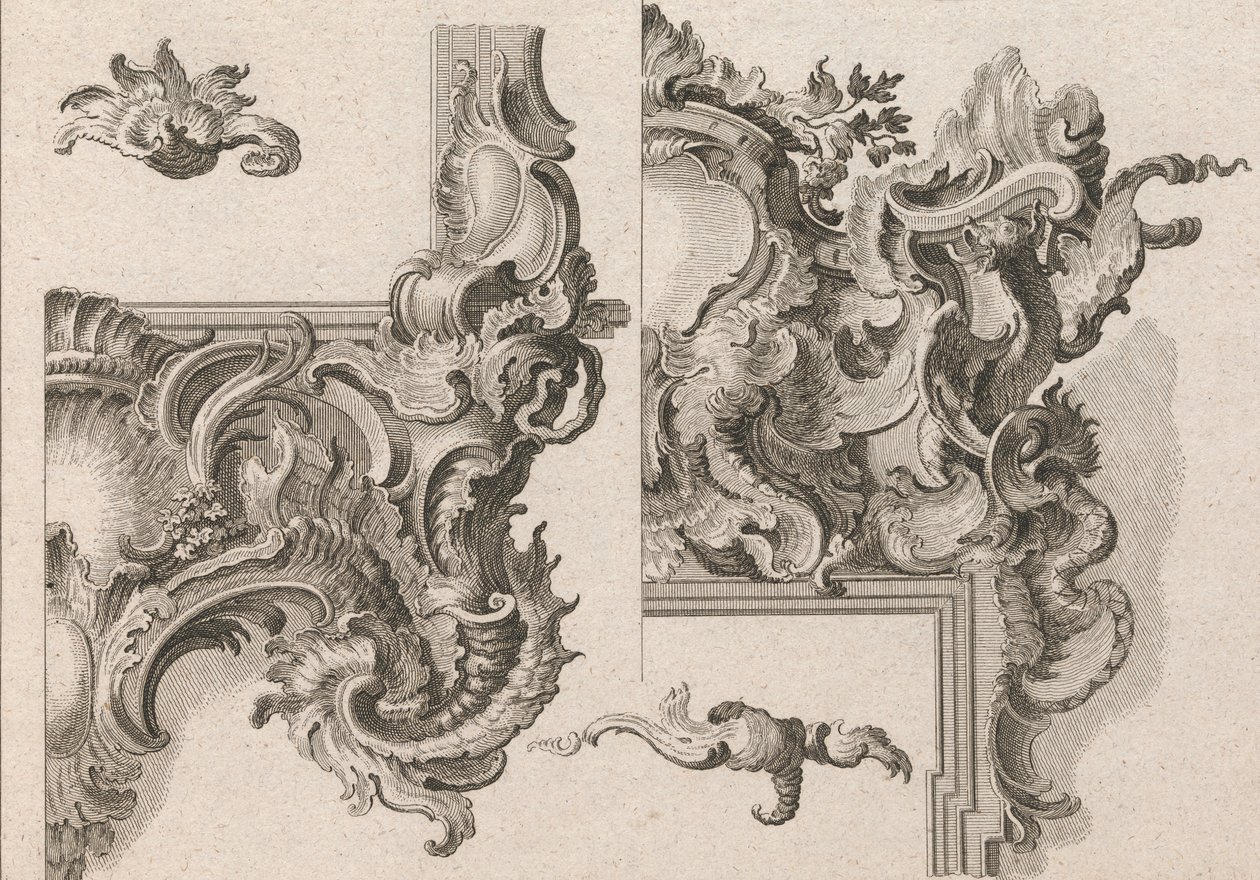 Sugerencia para la decoración de la parte inferior derecha y superior derecha de un marco de altar, impreso ca. 1750-56 de Wolffgang Christoph Mayr