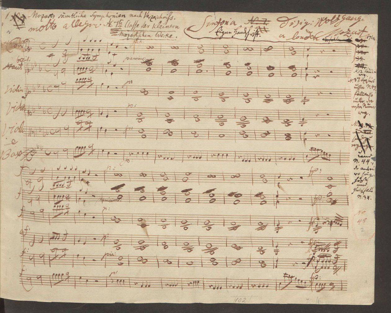 Apertura del manuscrito autógrafo de la Sinfonía No.1 de Mozart de Wolfgang Amadeus Mozart