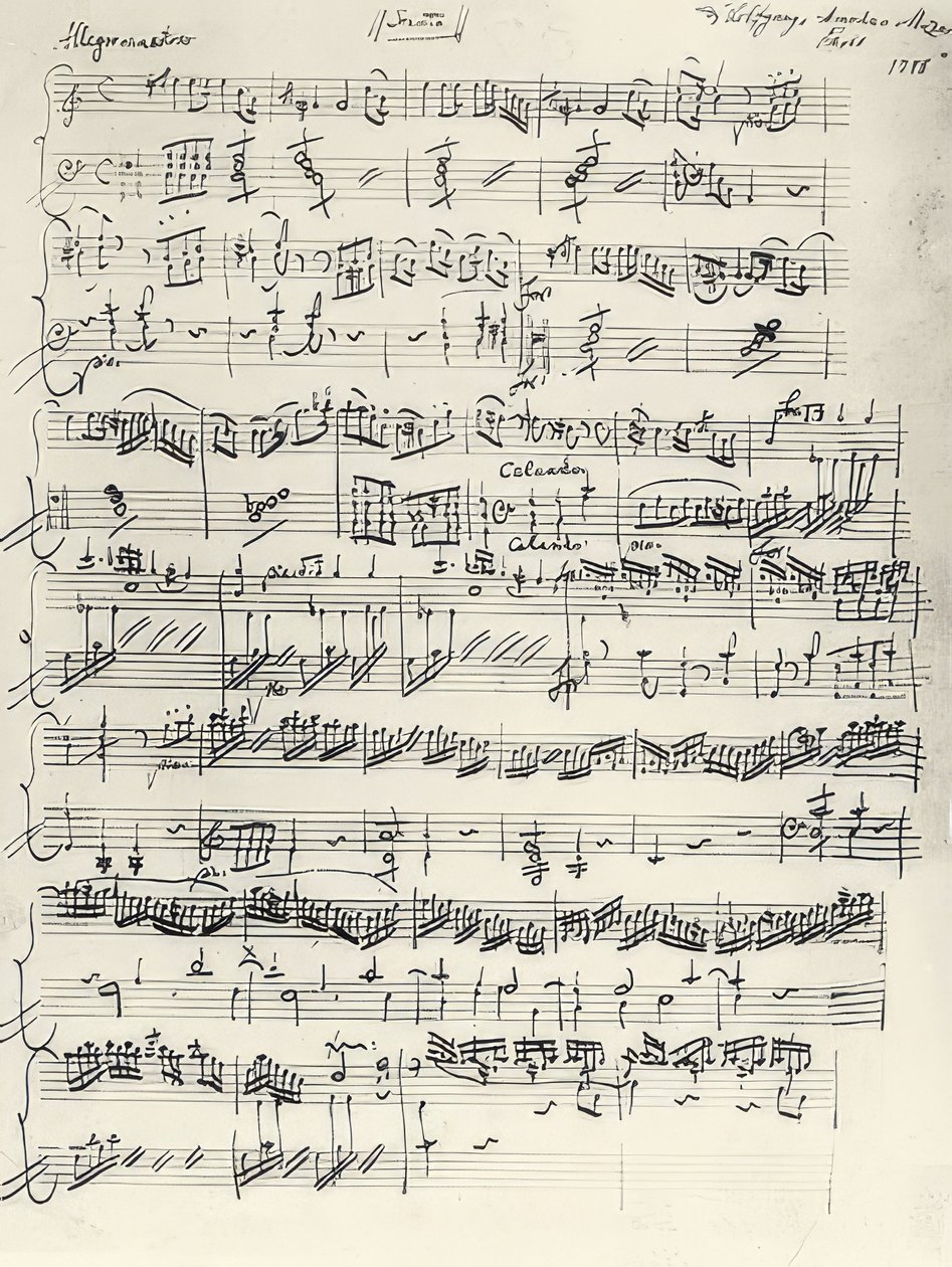 Inicio de la Sonata para Piano en La Menor, KV310. Autógrafo de Wolfgang Amadeus Mozart