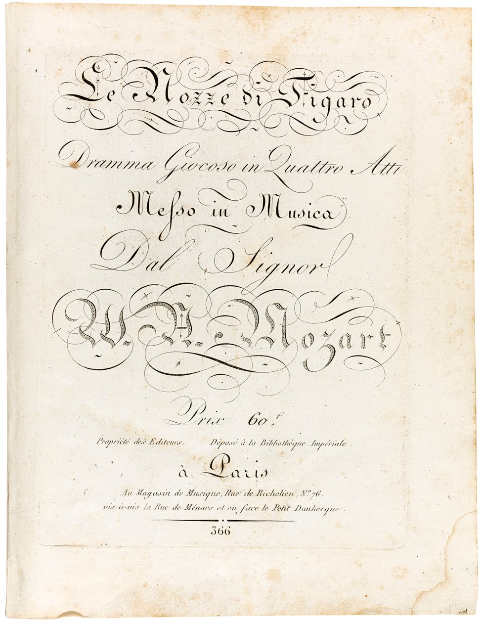 Portada de la partitura Le nozze di Figaro dramma giocoso en cuatro actos, entre 1806 y 1810 de Wolfgang Amadeus Mozart