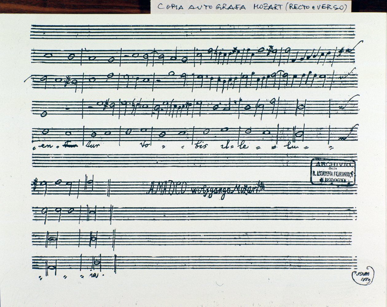 Página de partitura de Querite primum regnum Dei de Mozart para obtener el título de Accademico filarmonico, versión corregida por el padre Martini (1770) de Wolfgang Amadeus Mozart