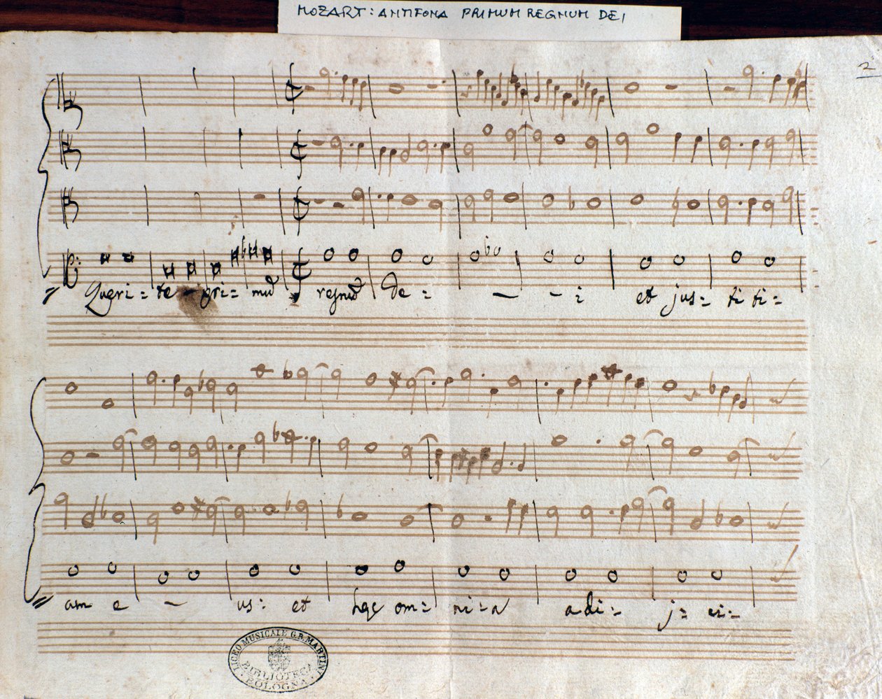 Página de partitura de Querite primum regnum Dei de Mozart para obtener el título de Accademico filarmonico (1770) de Wolfgang Amadeus Mozart