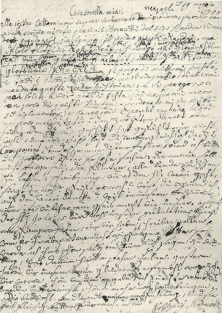 Wolfgang Amadeus Mozart (1756-1791) compositor austríaco. Carta autógrafa a su hermana Nannerl. Nápoles 19 de marzo de 1770 de Wolfgang Amadeus Mozart