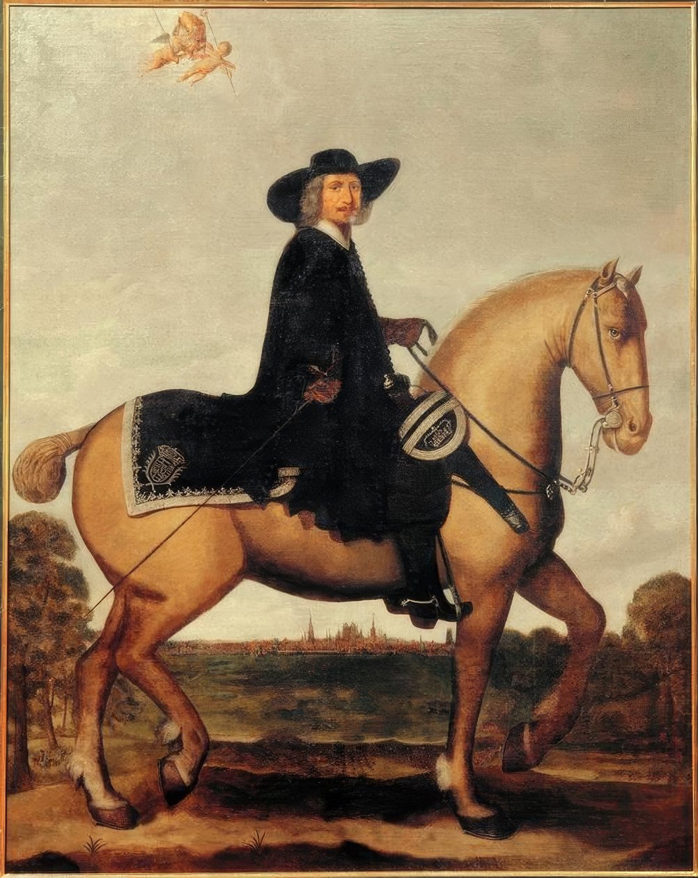 Christoph Bernhard von Galen a caballo frente a la silueta de Münster de Wolfgang Heimbach