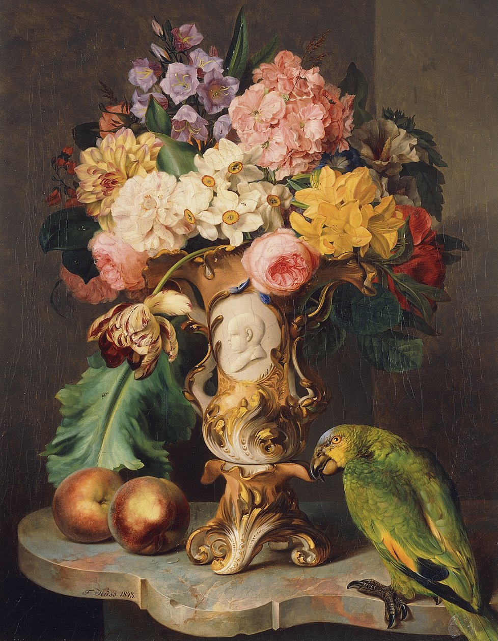 Naturaleza Muerta con un Jarrón de Flores Variadas, Duraznos y un Loro en un Ledge de Mármol de Wolfgang Küss