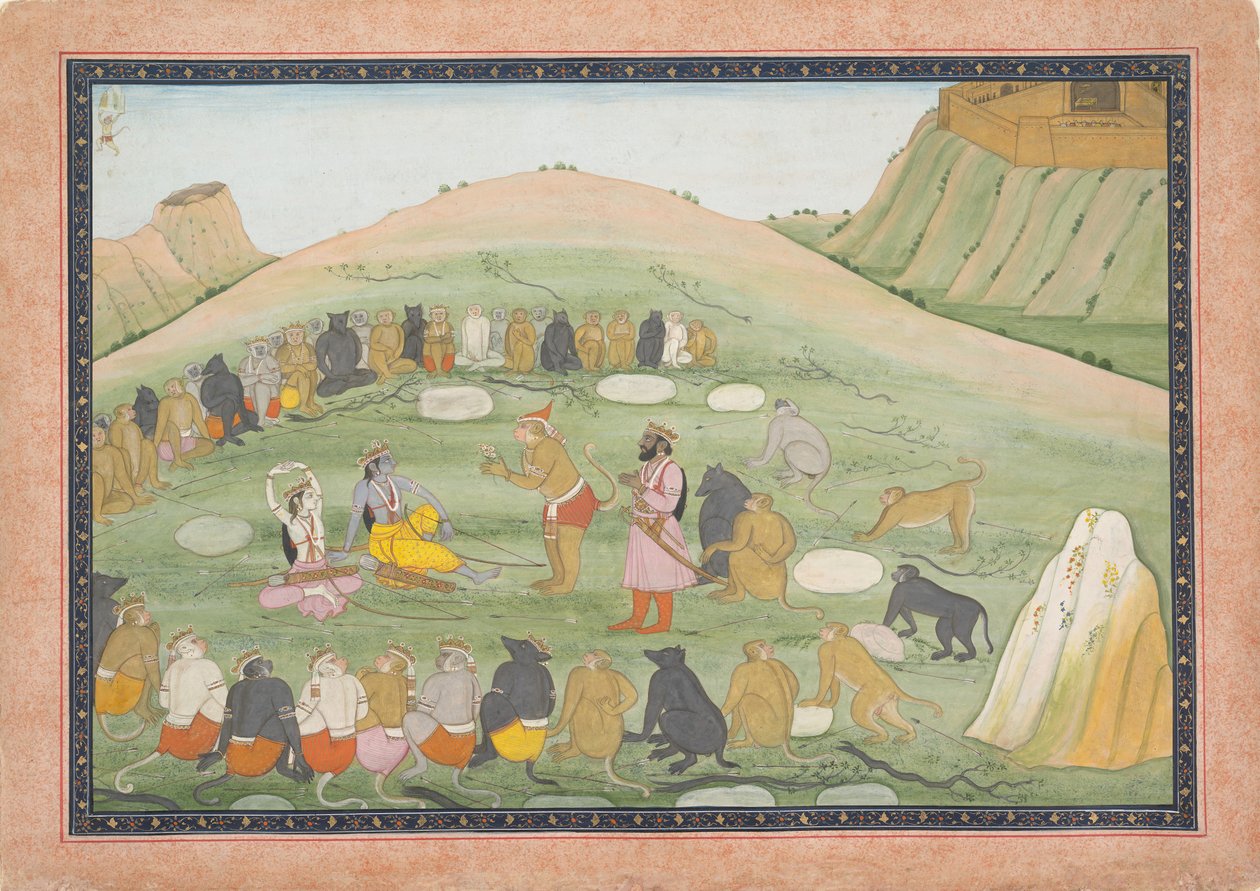 Hanuman revive a Rama y Lakshmana con hierbas medicinales..., serie Ramayana de Workshop active in the First generation