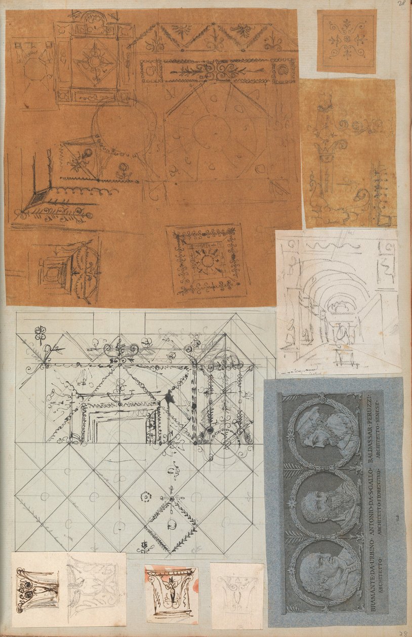 Página de un álbum de recortes que contiene dibujos y varias impresiones de arquitectura, ca. 1800-1850. Creadores: Taller de Charles Percier, Taller de Pierre François Léonard Fontaine de Workshop of Charles Percier, Workshop of Pierre