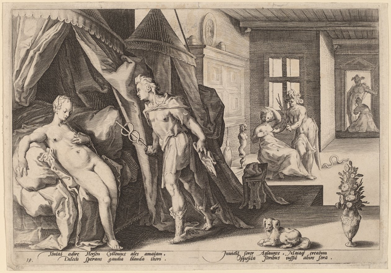 Mercurio entrando en la habitación de Herse después de convertir a Agraulos en piedra de Workshop of Hendrick Goltizus, after Hendrick Goltzius