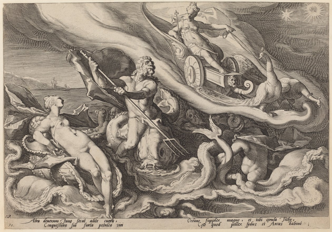 Juno quejándose a Océano y Tetis sobre Calisto de Workshop of Hendrick Goltzius, after Hendrick Goltzius
