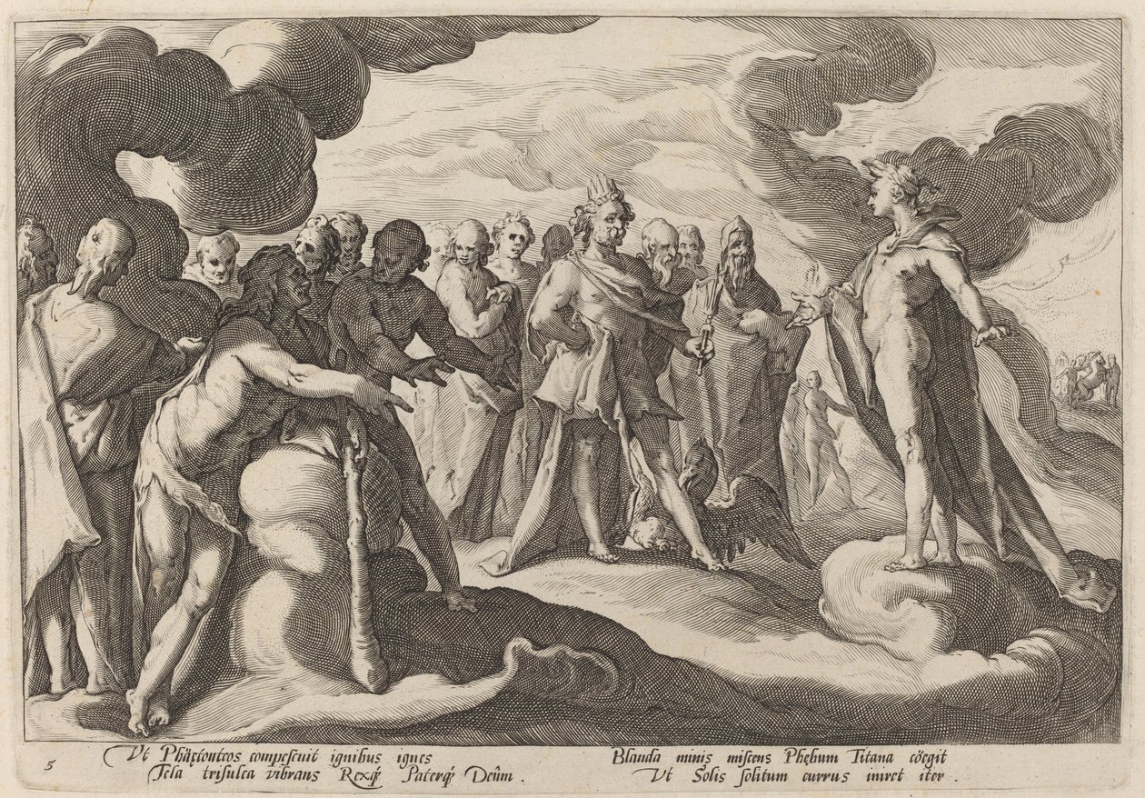 Júpiter y los dioses pidiendo a Helios que retome el control del carro de Workshop of Hendrick Goltzius, after Hendrick Goltzius