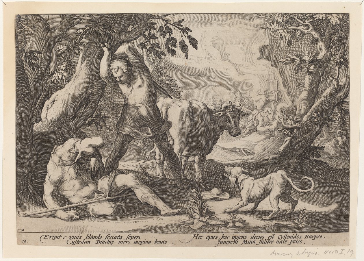 Paisaje con Mercurio levantando su espada para matar a un Argos dormido de Workshop of Hendrick Goltzius, after Hendrick Goltzius