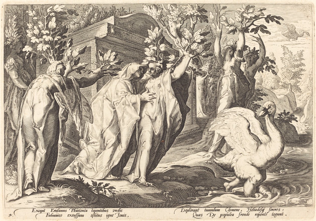 Las Hermanas de Faetón Convertidas en Álamos, Cigno en un Cisne de Workshop of Hendrick Goltzius, after Hendrick Goltzius