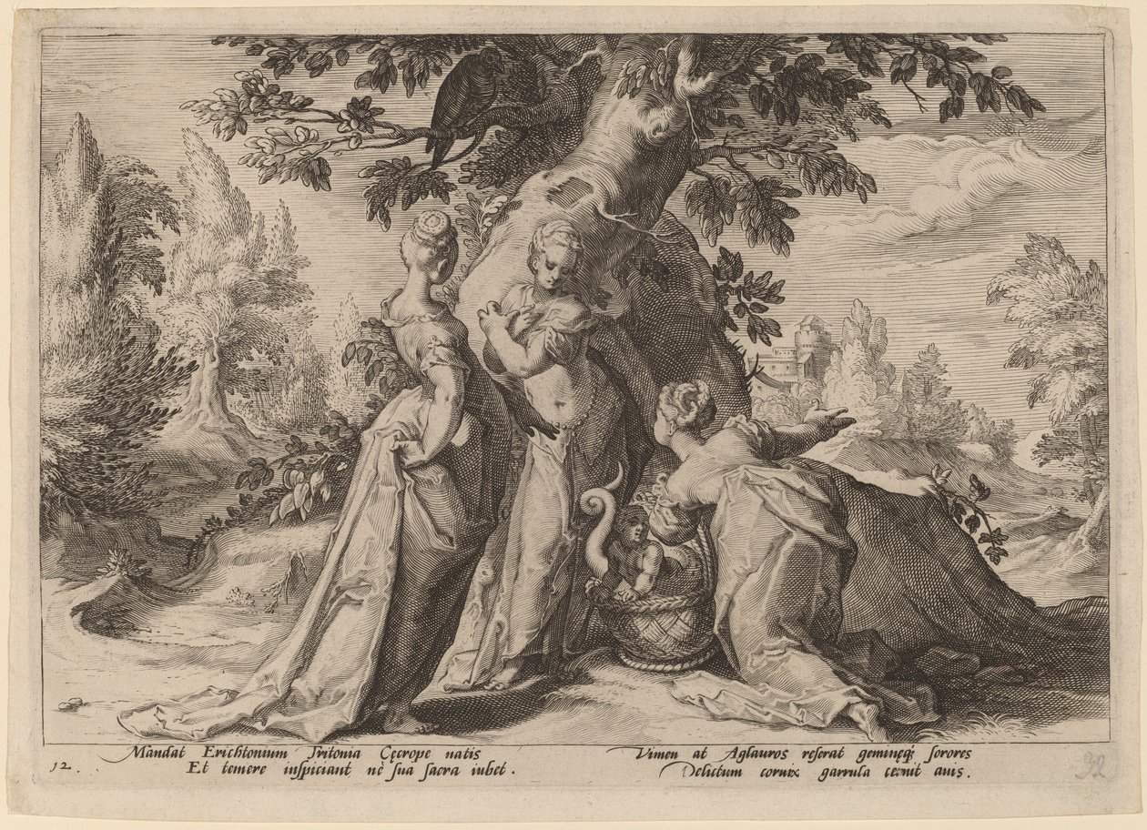 Las Hijas de Cécrope Abren el Cofre Confiado a Ellas por Minerva de Workshop of Hendrick Goltzius, after Hendrick Goltzius