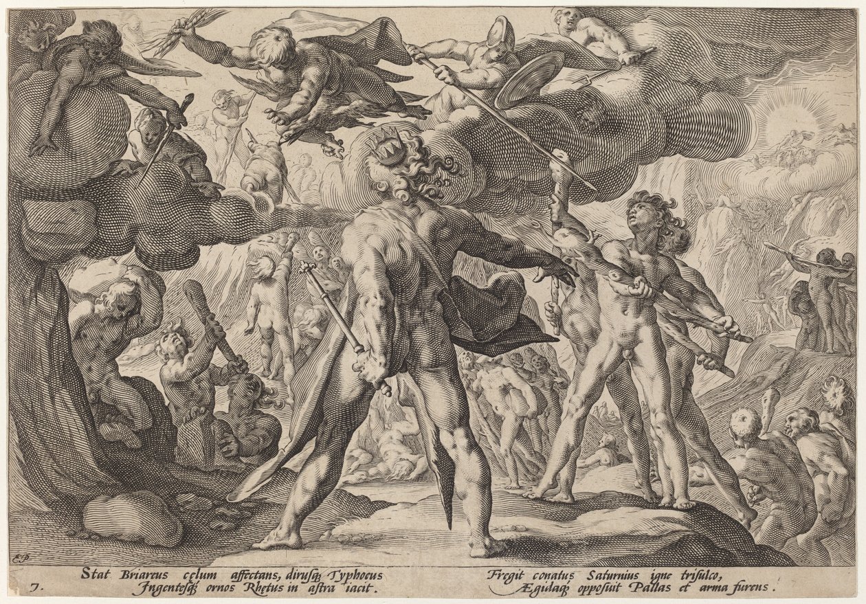 Los gigantes escalando los cielos de Workshop of Hendrick Goltzius, after Hendrick Goltzius