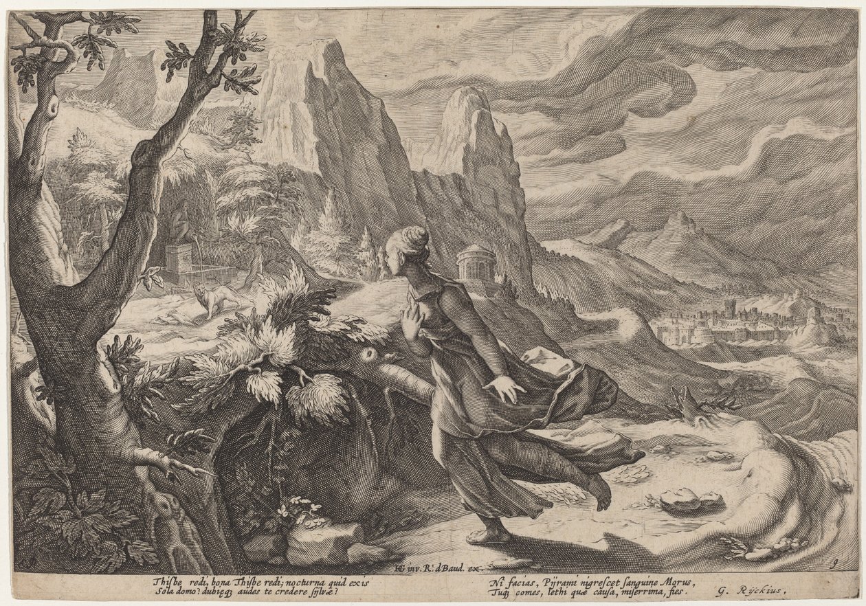 Thisbe asustada por el león de Workshop of Hendrick Goltzius, after Hendrick Goltzius