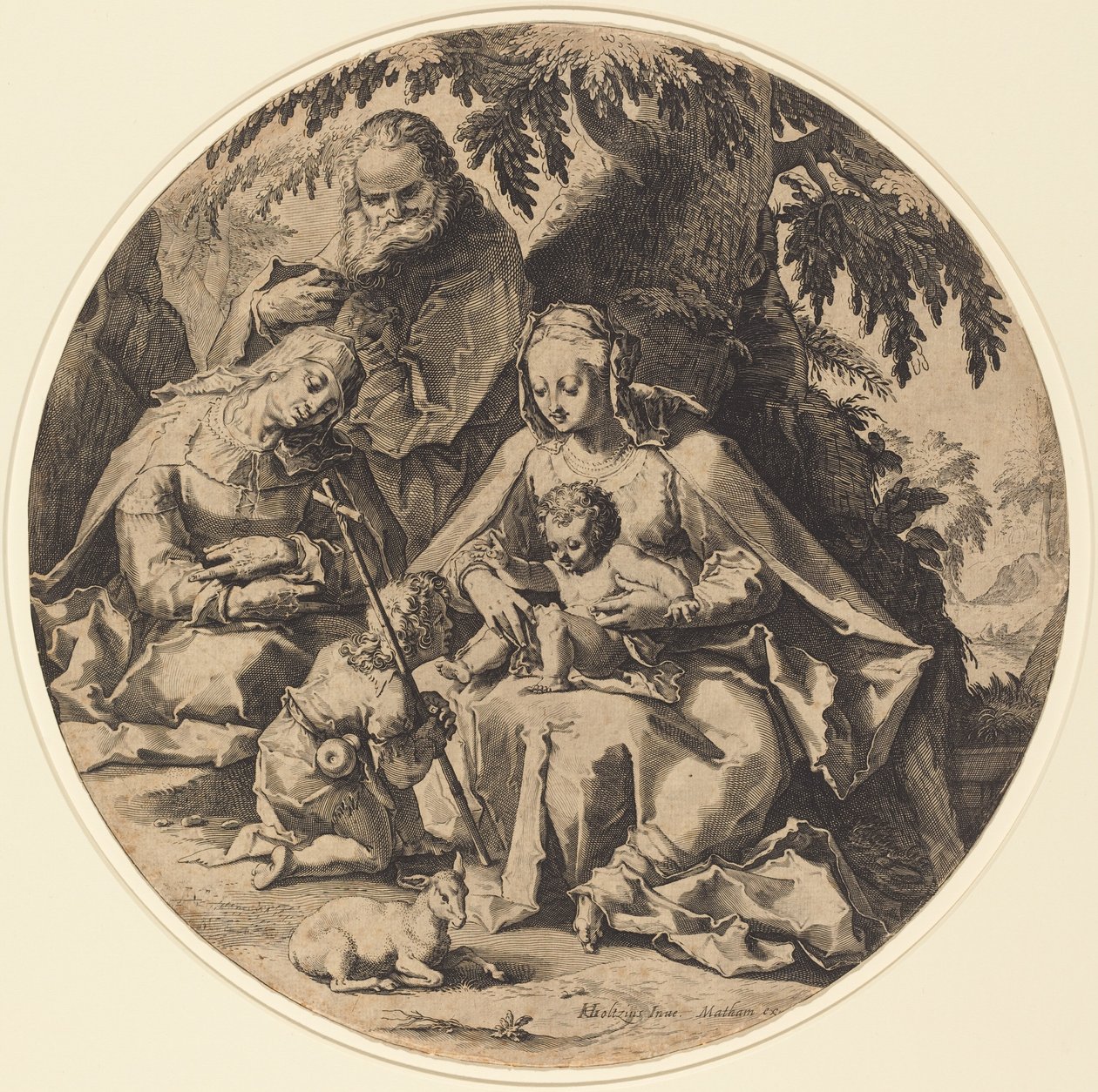 La Sagrada Familia con Santa Isabel y San Juan Bautista de Workshop of Jacob Matham, after Hendrik Goltzius