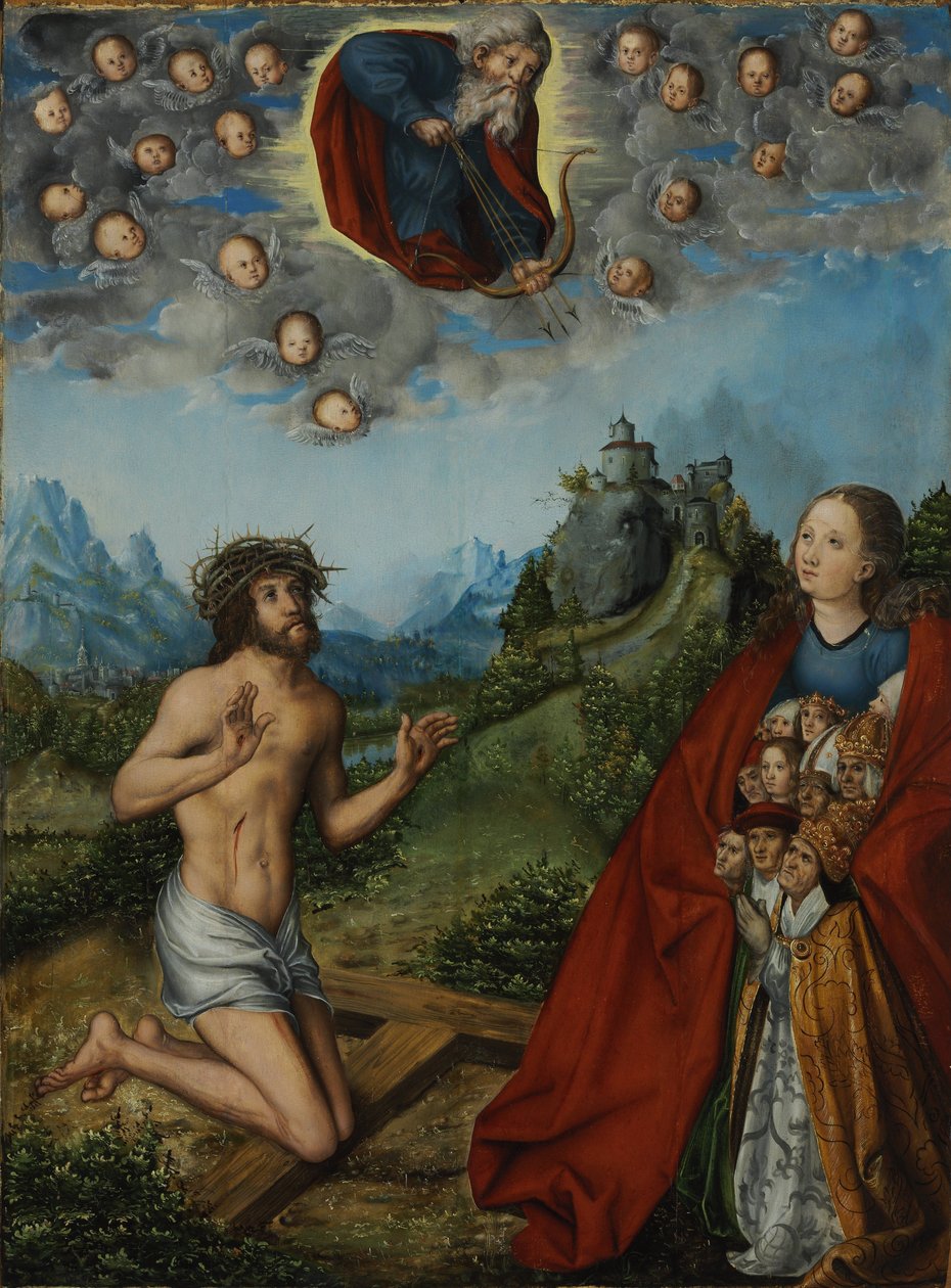 Cristo y la Virgen intercediendo por la humanidad ante Dios Padre (Las Tres Plagas) de workshop of Lucas Cranach the Elder