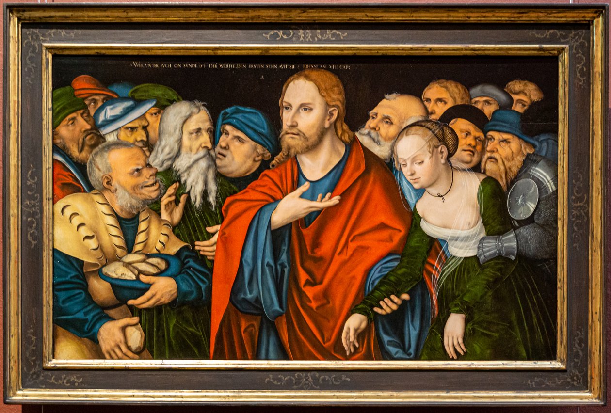 Alemán: Christus und die Ehebrecherin Cristo y la mujer sorprendida en adulterio de workshop of Lucas Cranach the Elder