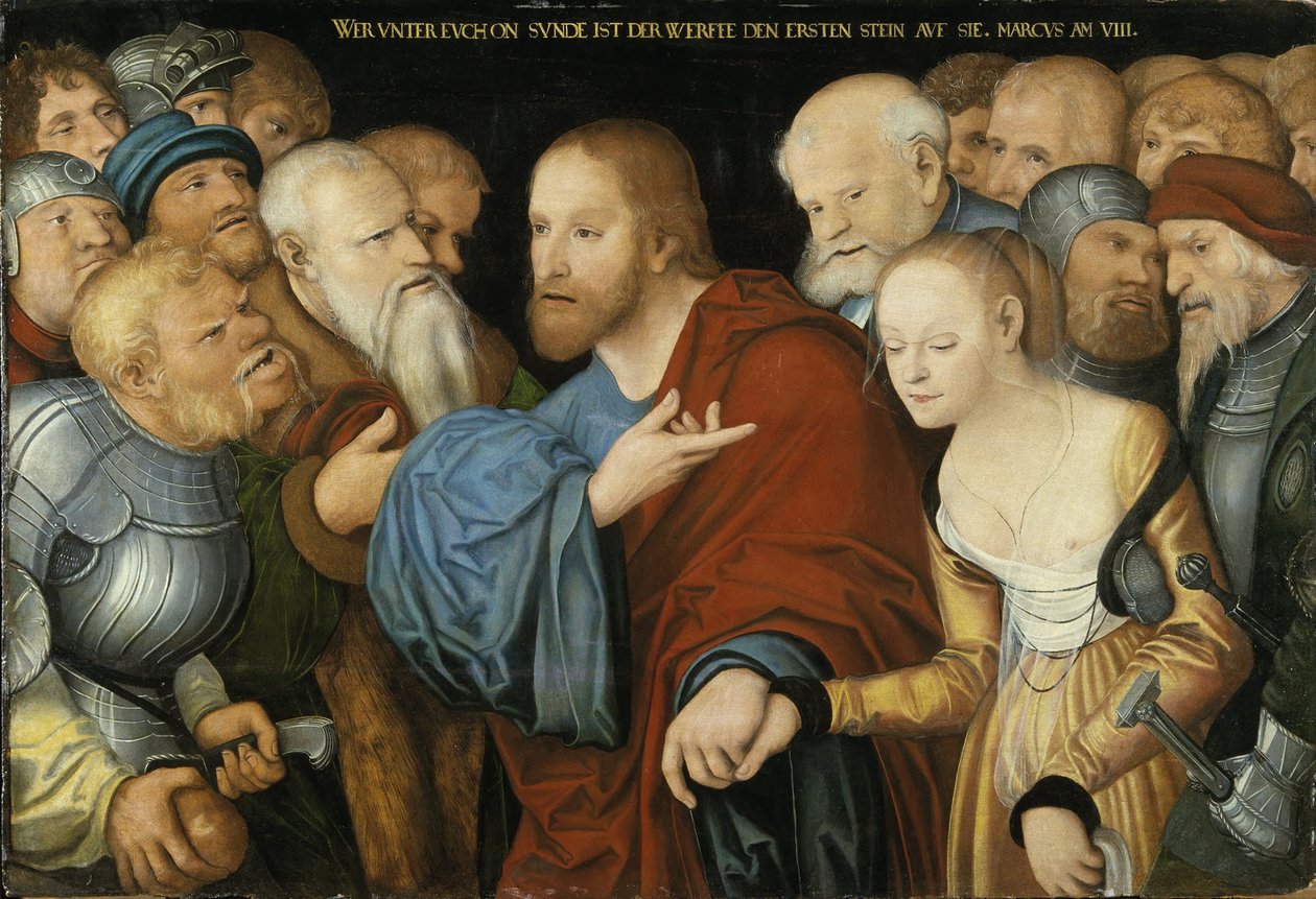 Alemán: Christus und die Ehebrecherin Cristo y la mujer sorprendida en adulterio de workshop of Lucas Cranach the Elder