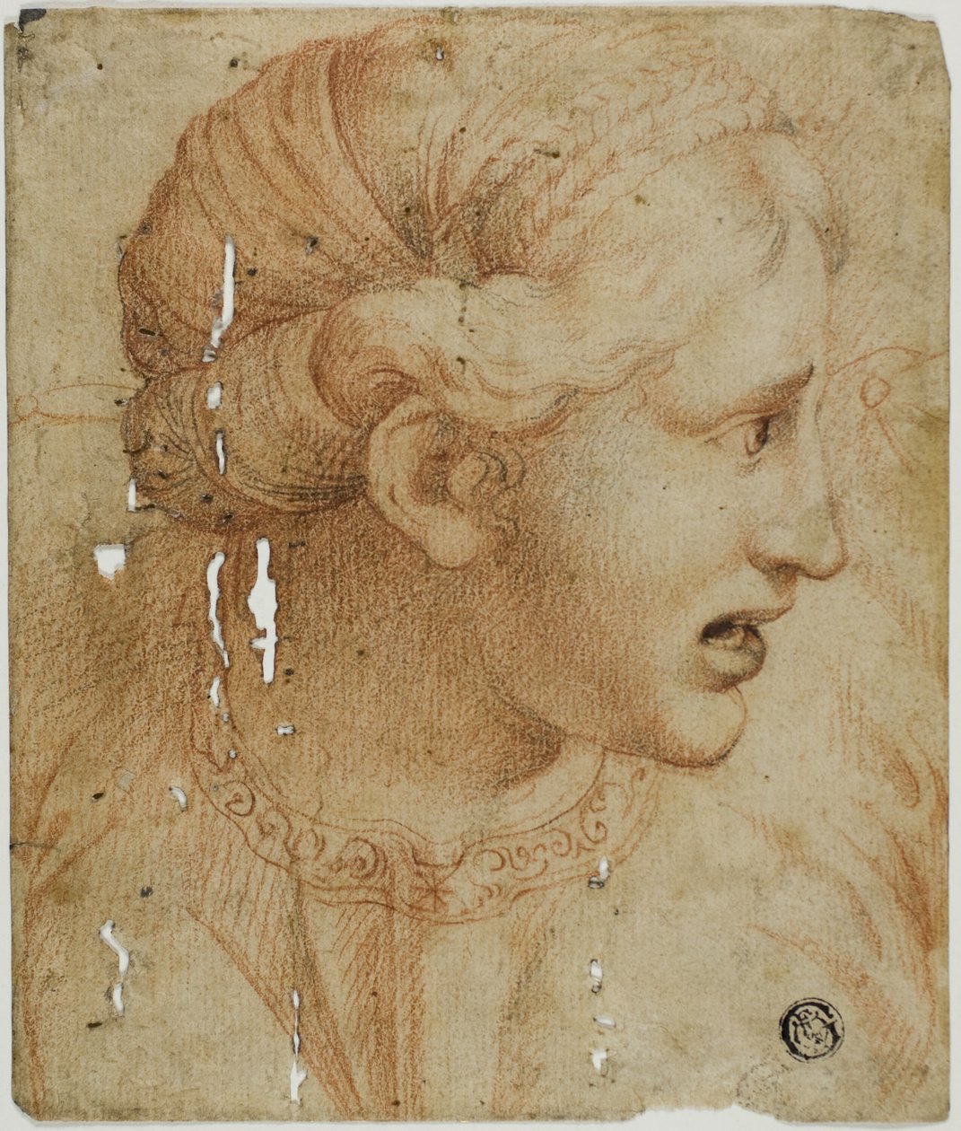 Cabeza femenina de perfil, mirando a la derecha de Workshop of Raphael