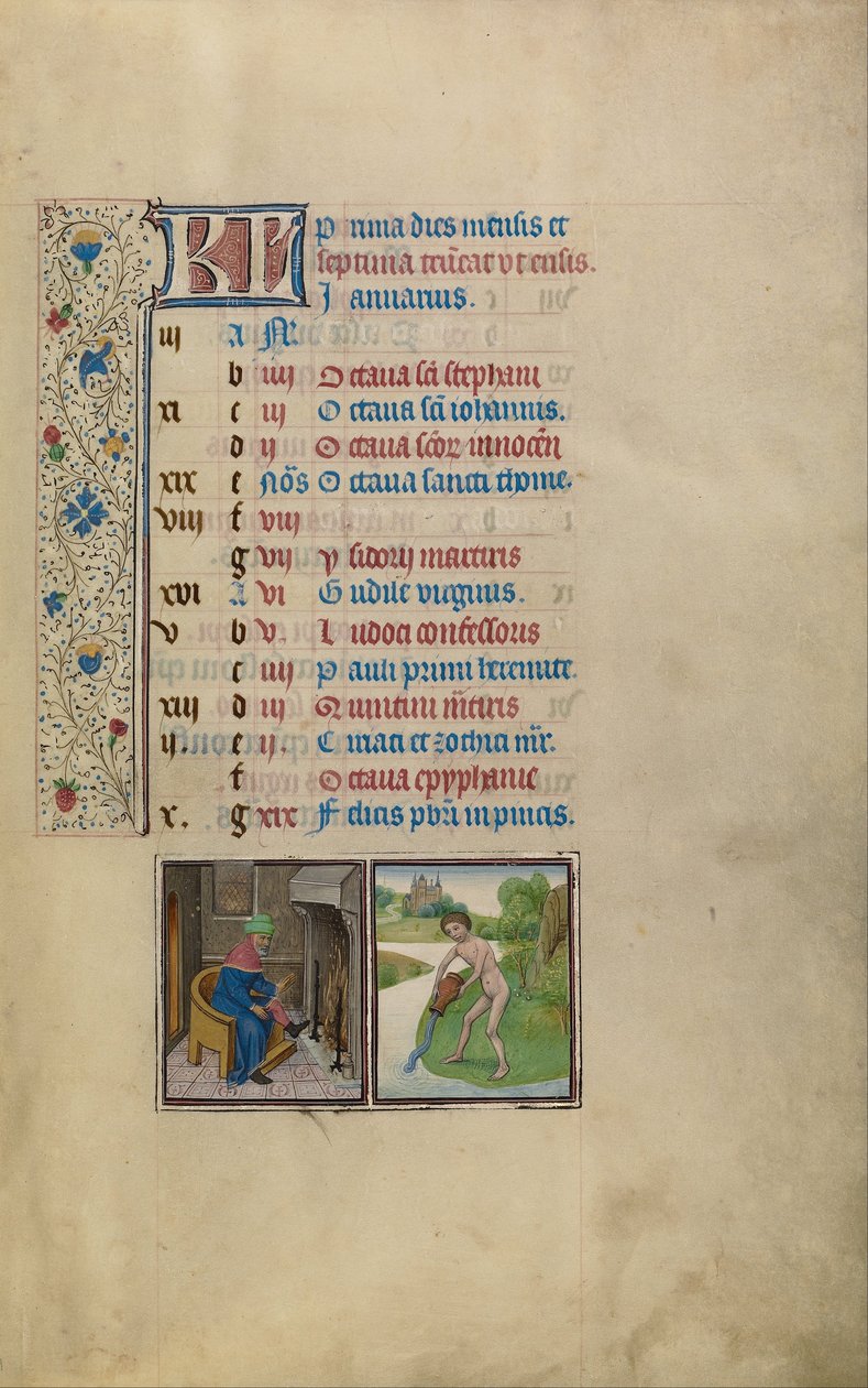 Un hombre calentándose junto al fuego; signo zodiacal de Acuario de Workshop of Willem Vrelant