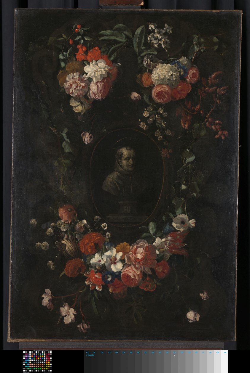 Busto esculpido y fingido del beato Jerónimo Werdanus, con una cartela de piedra fingida, decorada con un collar y dos ramos de flores de Wouter Gysaerts