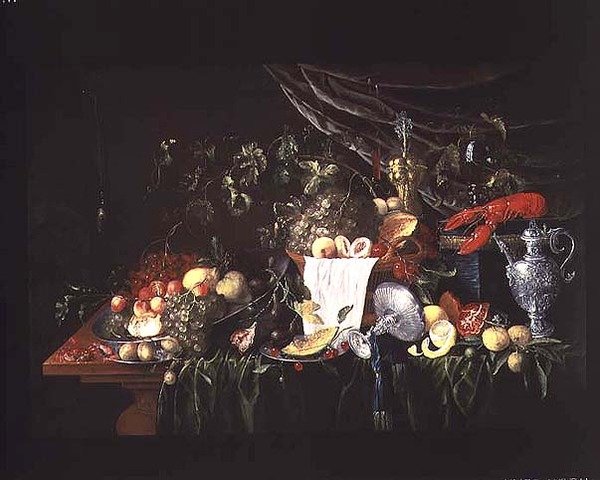 Naturaleza muerta con frutas y una langosta de Wouter Mertens